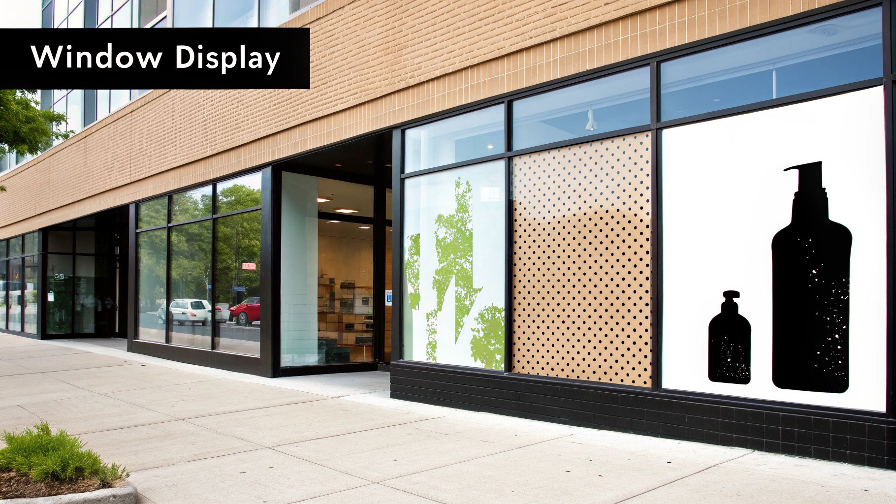 A modern storefront with large window displays featuring abstract green graphics, polka dots, and black bottle silhouettes.