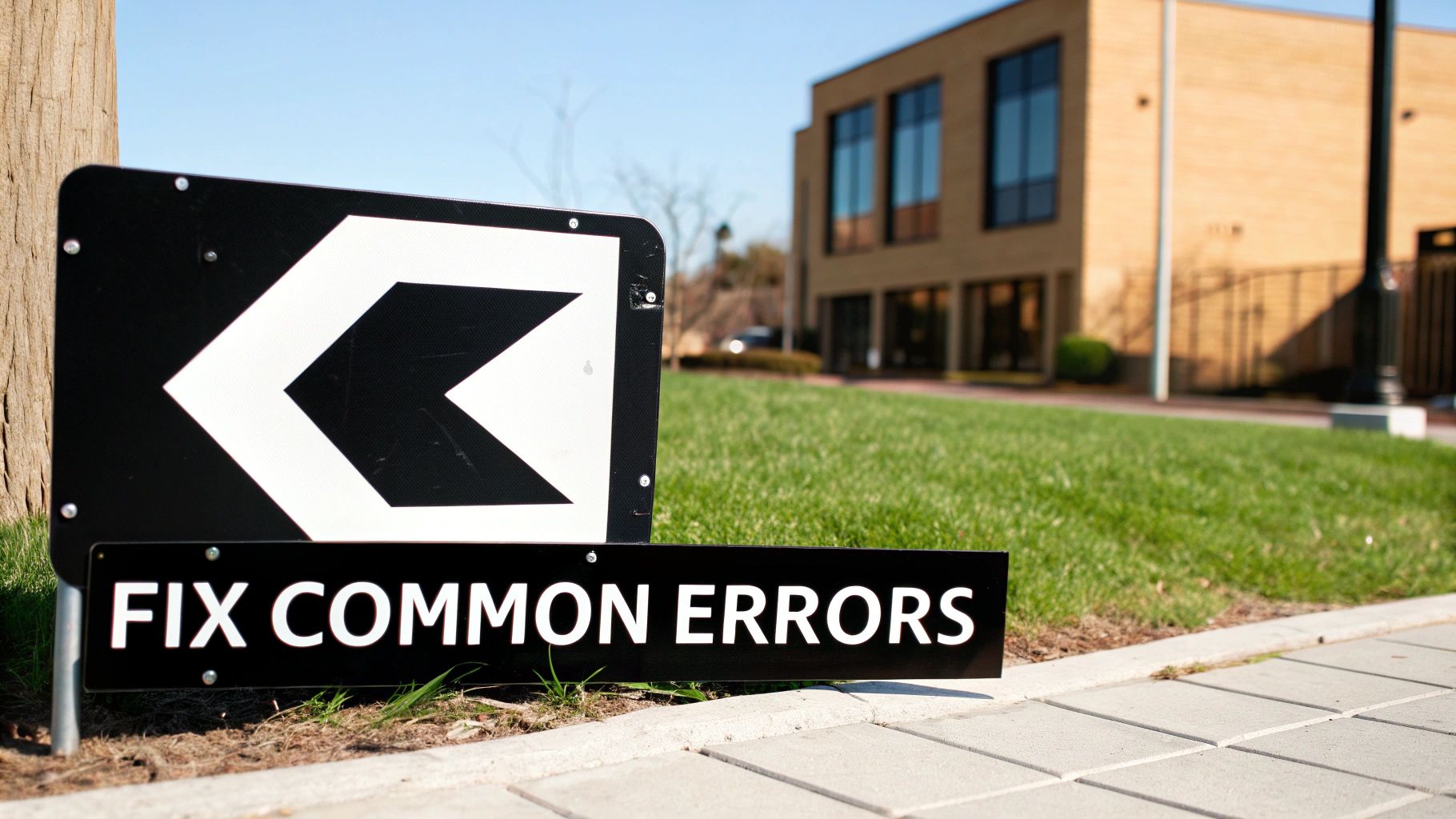 A black and white sign displaying 'FIX COMMON ERRORS' and a left arrow, placed outdoors near a building.