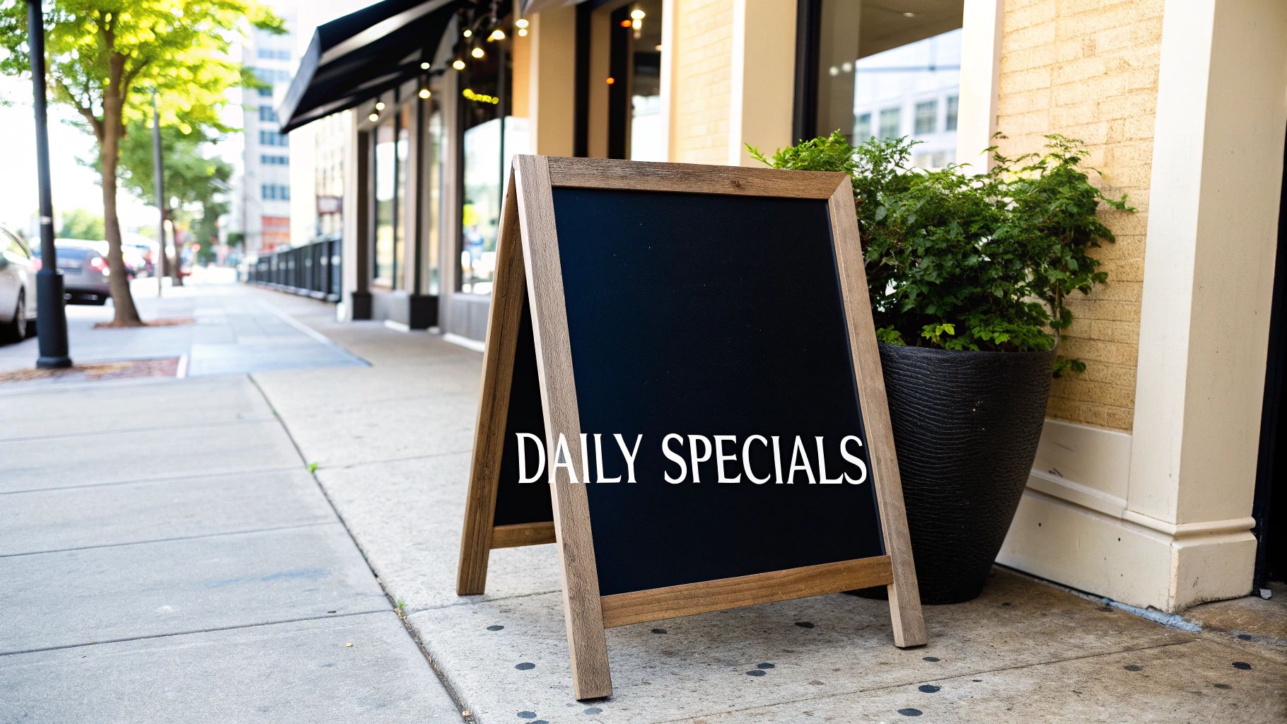 A wooden A-frame chalkboard sign on a city sidewalk advertises 'DAILY SPECIALS' for a local business.