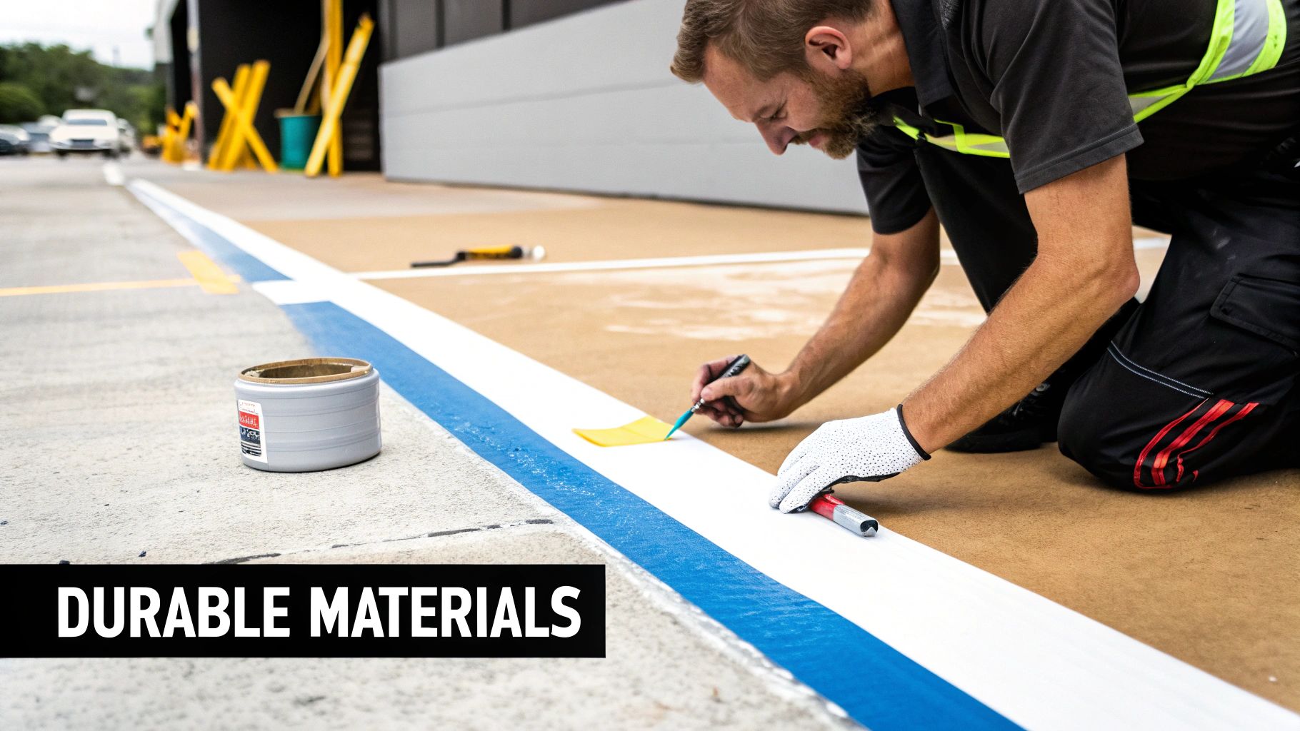 Warehouse worker applying yellow floor marking tape in a wide aisle.