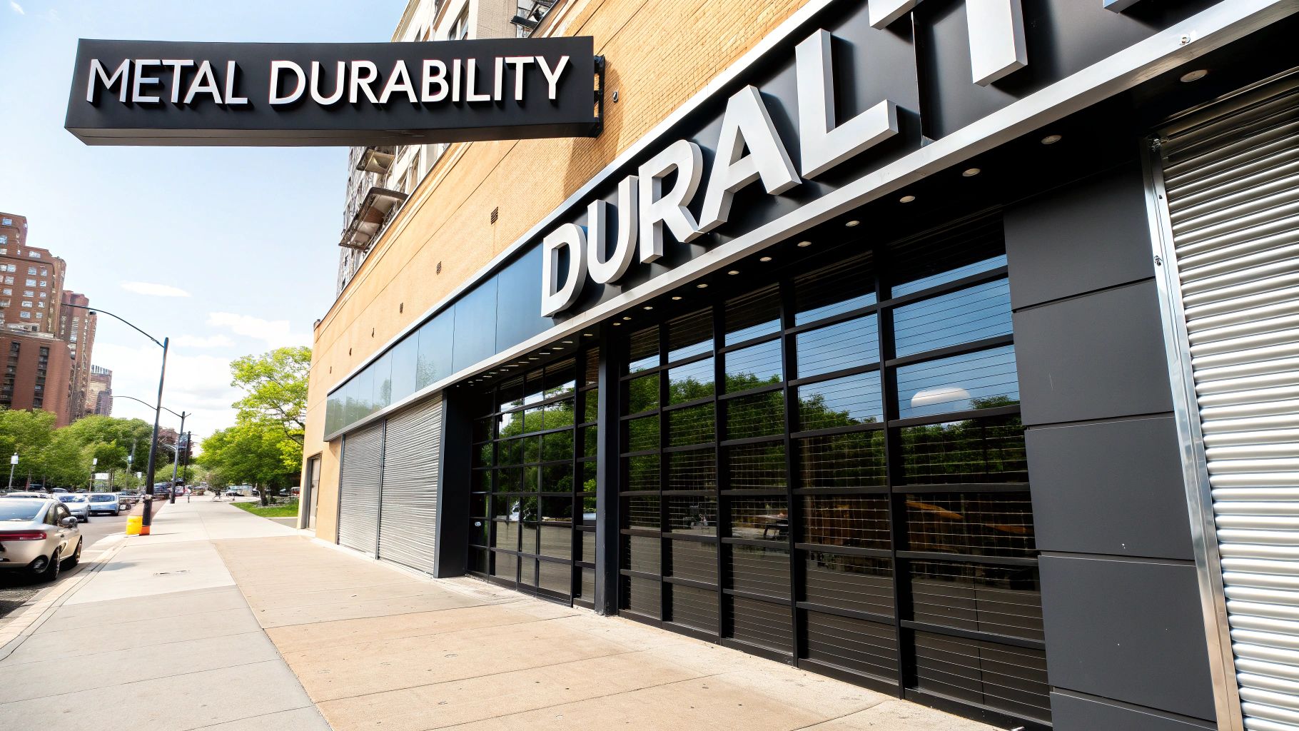 Exterior view of a modern building with prominent 'METAL DURABILITY' and 'DURAL' signs.