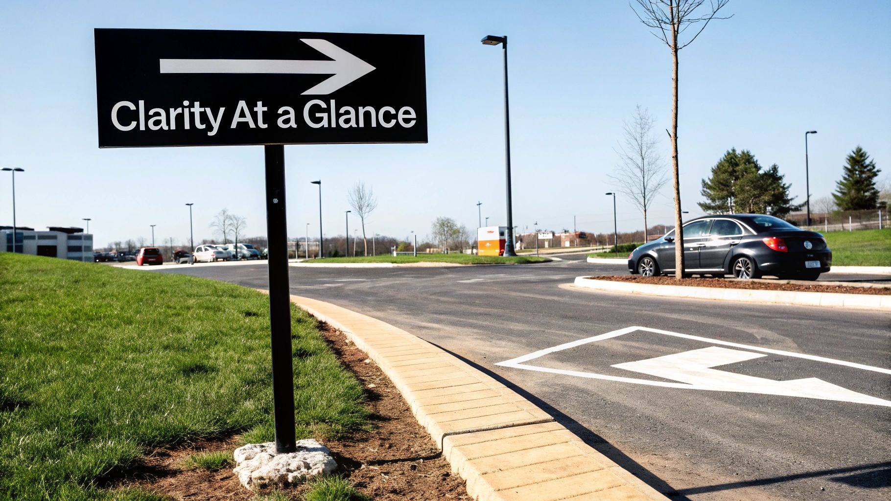 Black directional sign with 'Clarity At a Glance' and an arrow guiding to a parking area.