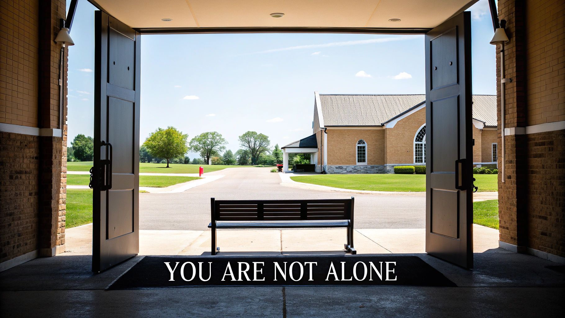 Open church doors reveal a peaceful outdoor scene with a bench and the message 'YOU ARE NOT ALONE'.
