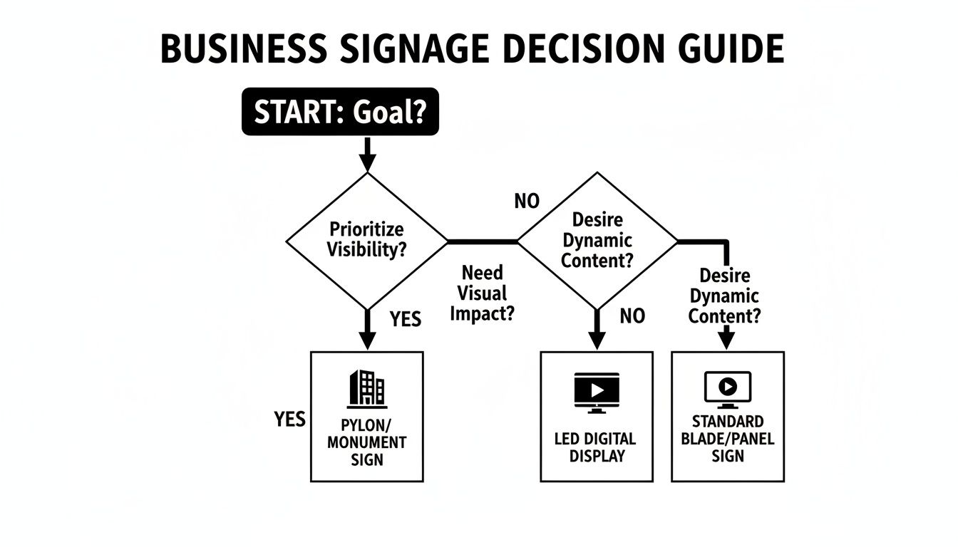 A flowchart decision guide for business signage, based on visibility, visual impact, and dynamic content needs.