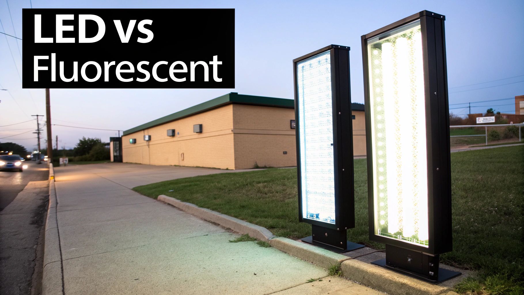 Two outdoor lighted signs comparing bright LED and warmer fluorescent lighting technologies side-by-side.