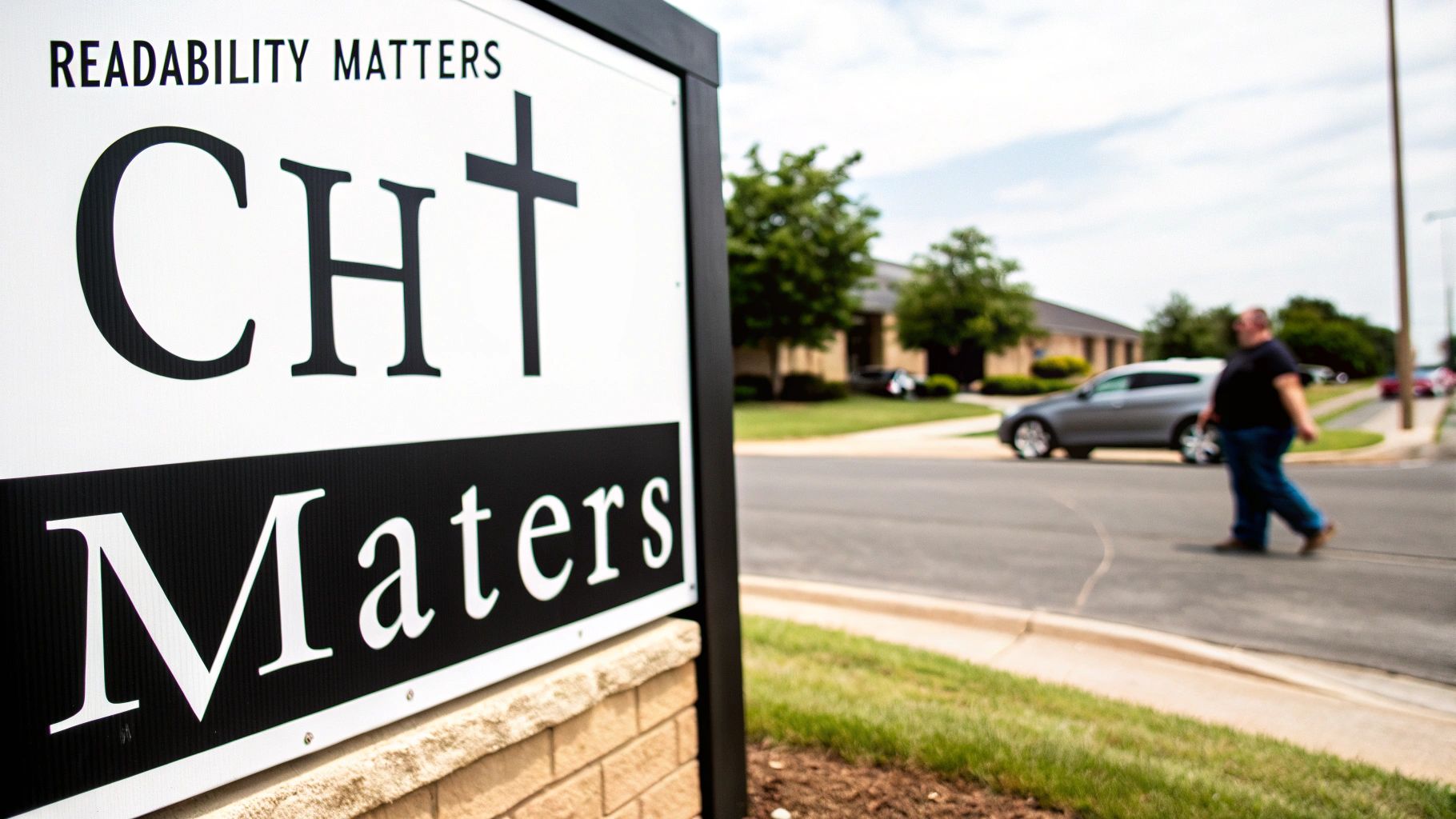 A modern church sign displaying a welcoming message in a clean, sans-serif font, set against a simple background.