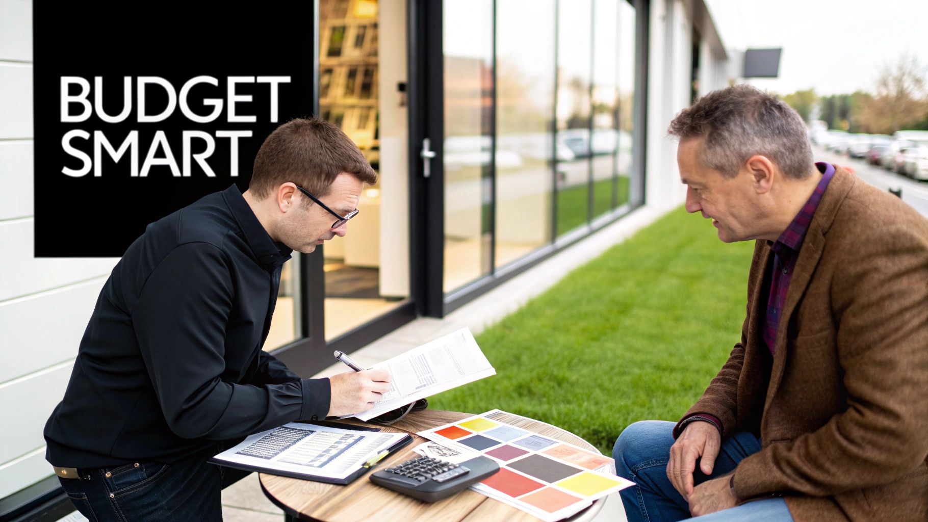 Two men discuss documents and color swatches at an outdoor table with a 'Budget Smart' sign.