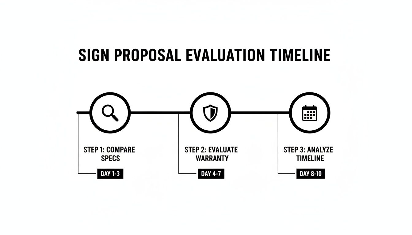 A sign proposal evaluation timeline graphic showing three steps: compare specs, evaluate warranty, and analyze timeline.