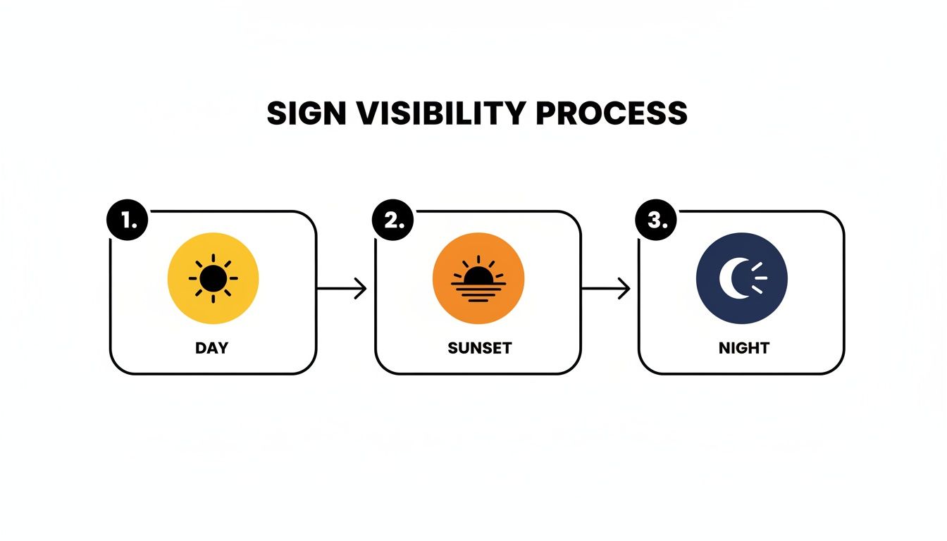 Diagram illustrating the sign visibility process through day, sunset, and night conditions.