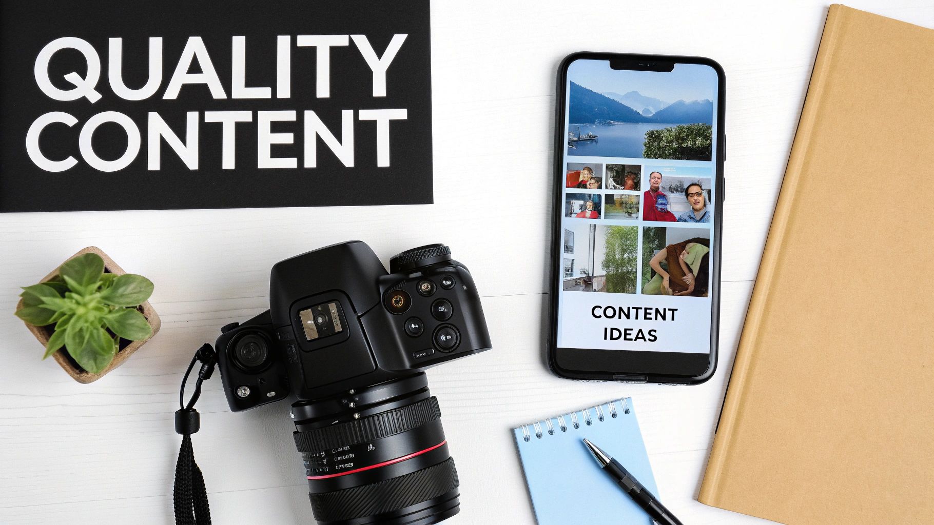 Desk setup with 'Quality Content' sign, DSLR camera, smartphone showing 'Content Ideas', and a notepad.