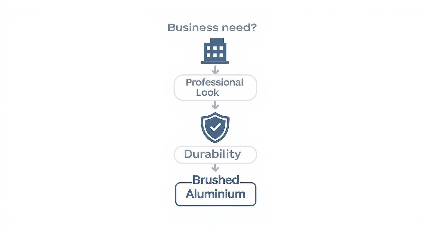 Flowchart illustrating how brushed aluminium provides a professional look and durability for business needs.