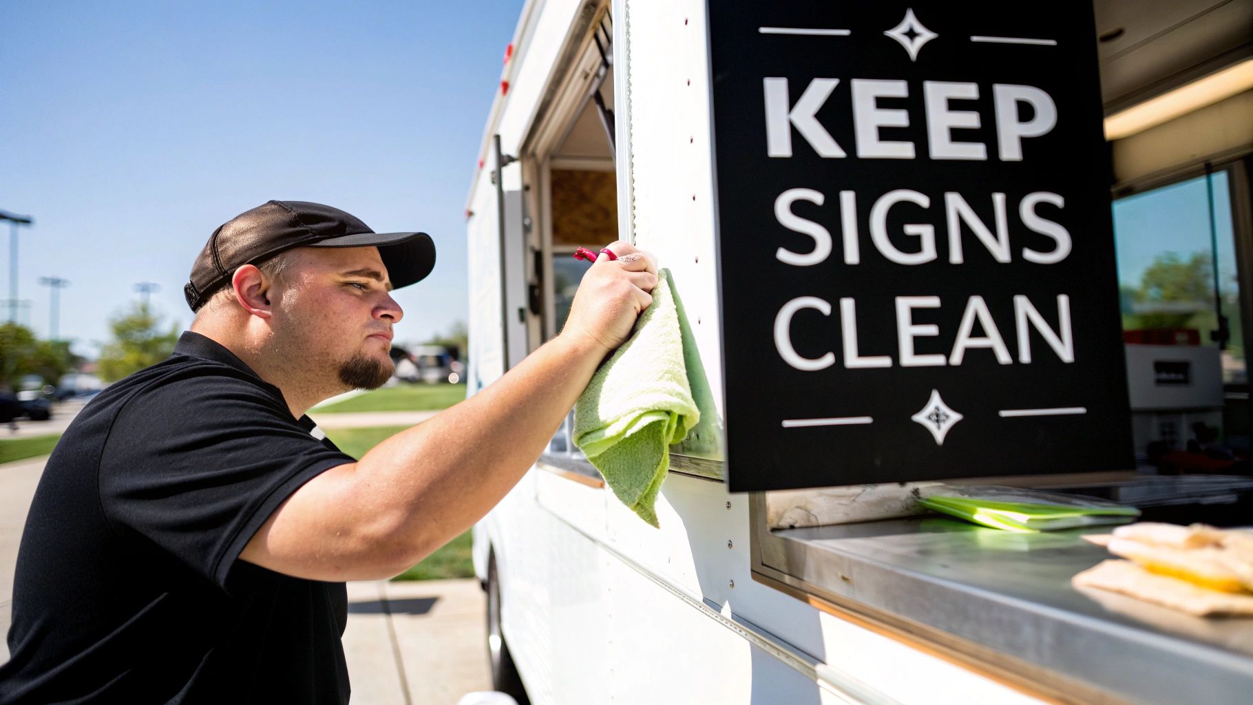 A clean, well-maintained food truck with bright, clear signage.