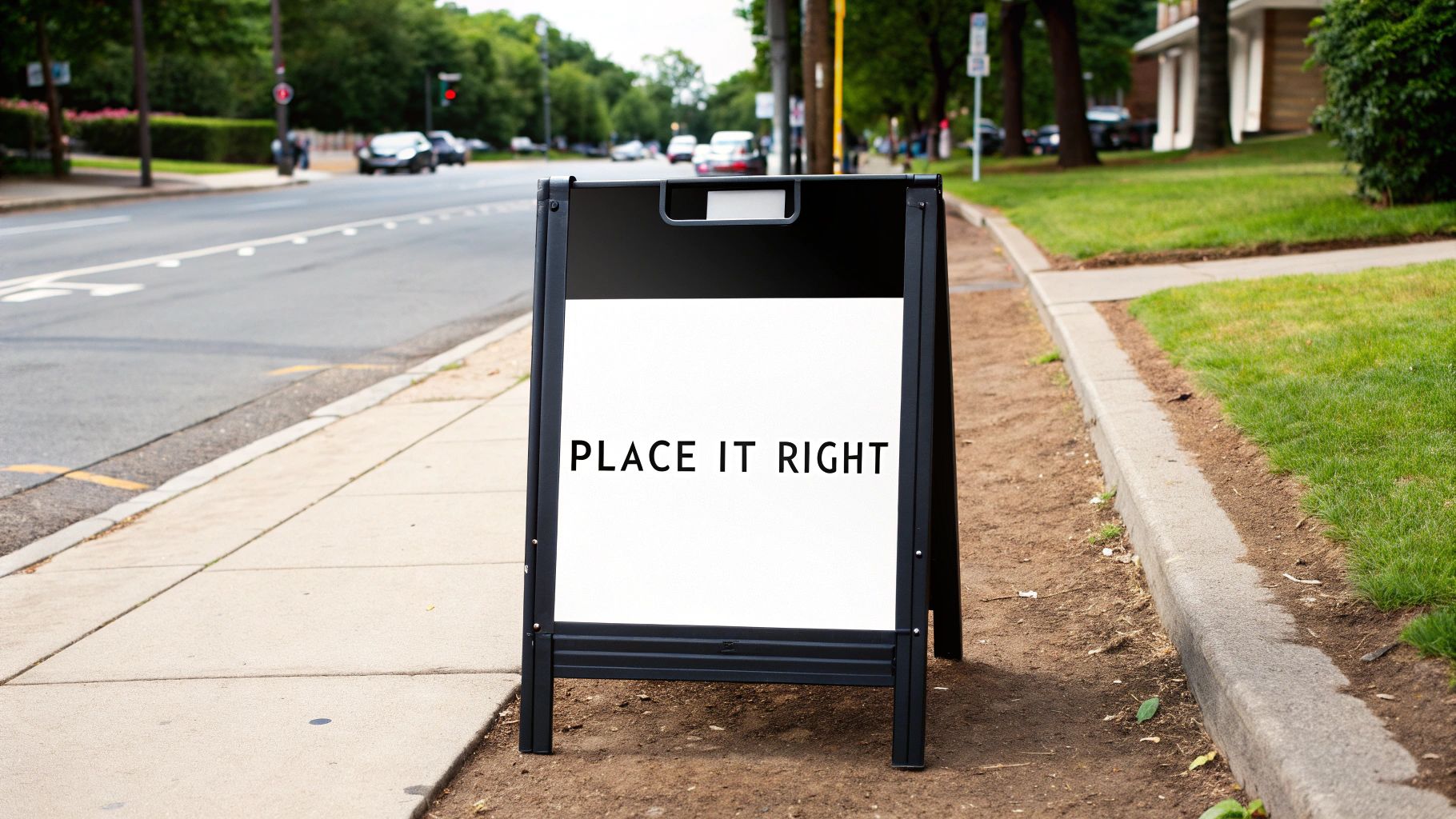 Black A-frame sidewalk sign with white blank panel displaying 'Place It Right' on urban street