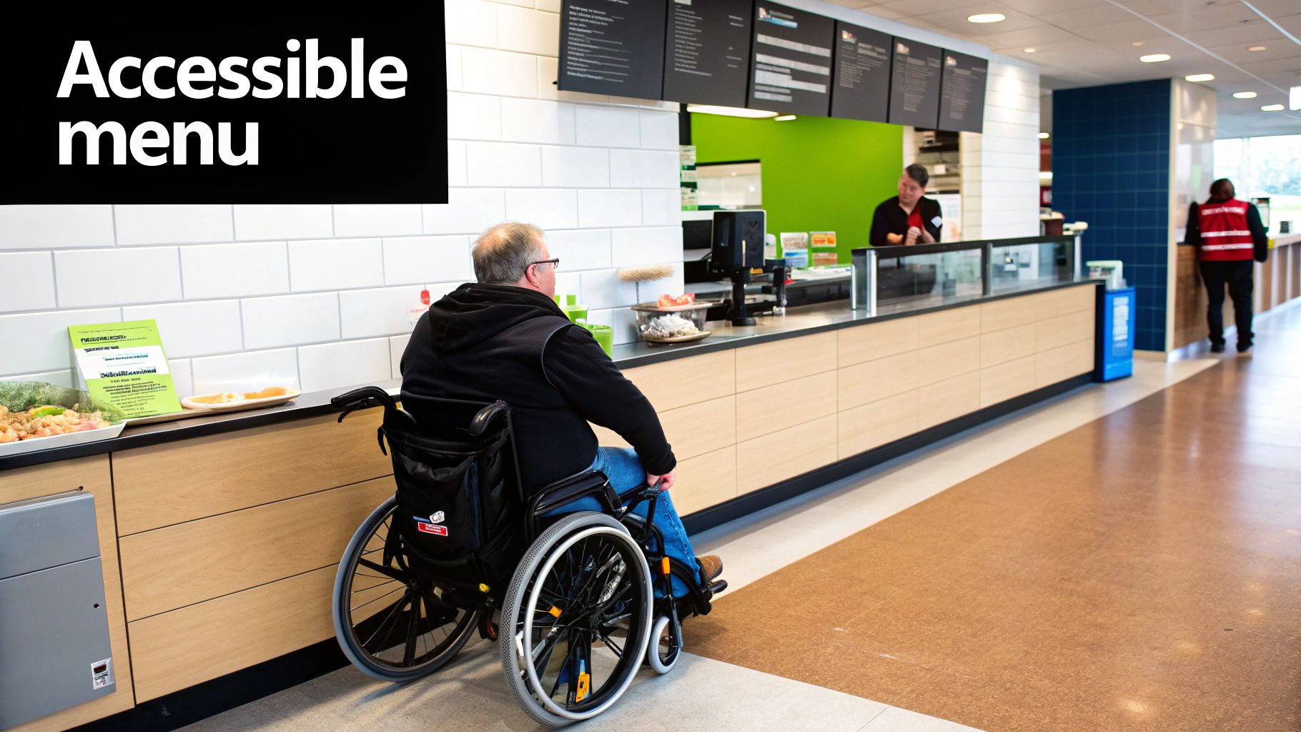 A man in a wheelchair at a cafeteria counter, with an accessible menu sign overhead.