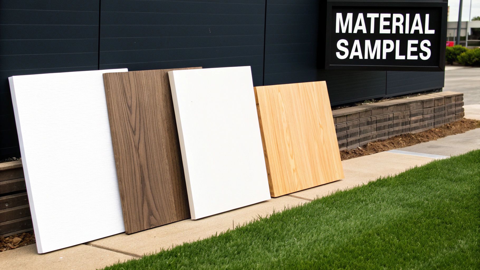 Material samples display board featuring white, wood grain, and light oak finish panels leaning outdoors
