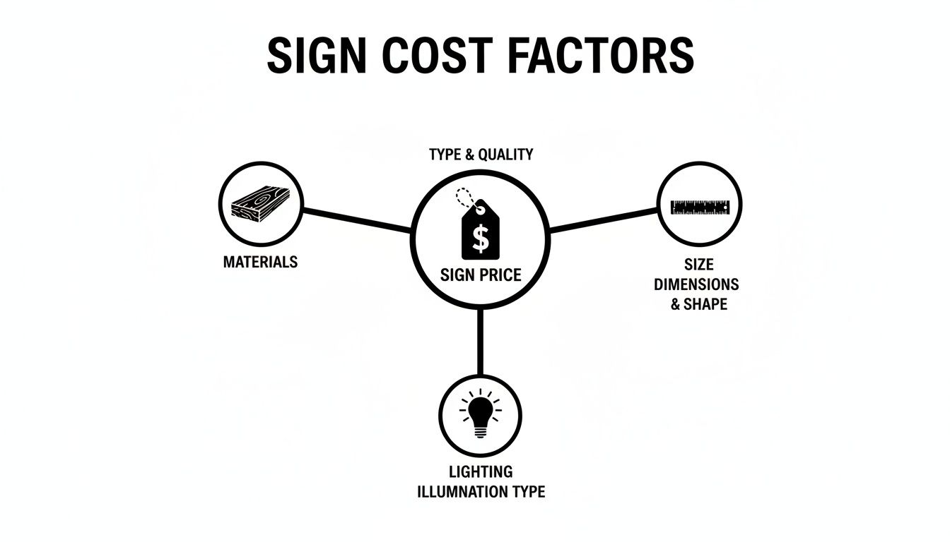 Diagram illustrating sign cost factors, including materials, type, quality, size, shape, and lighting.