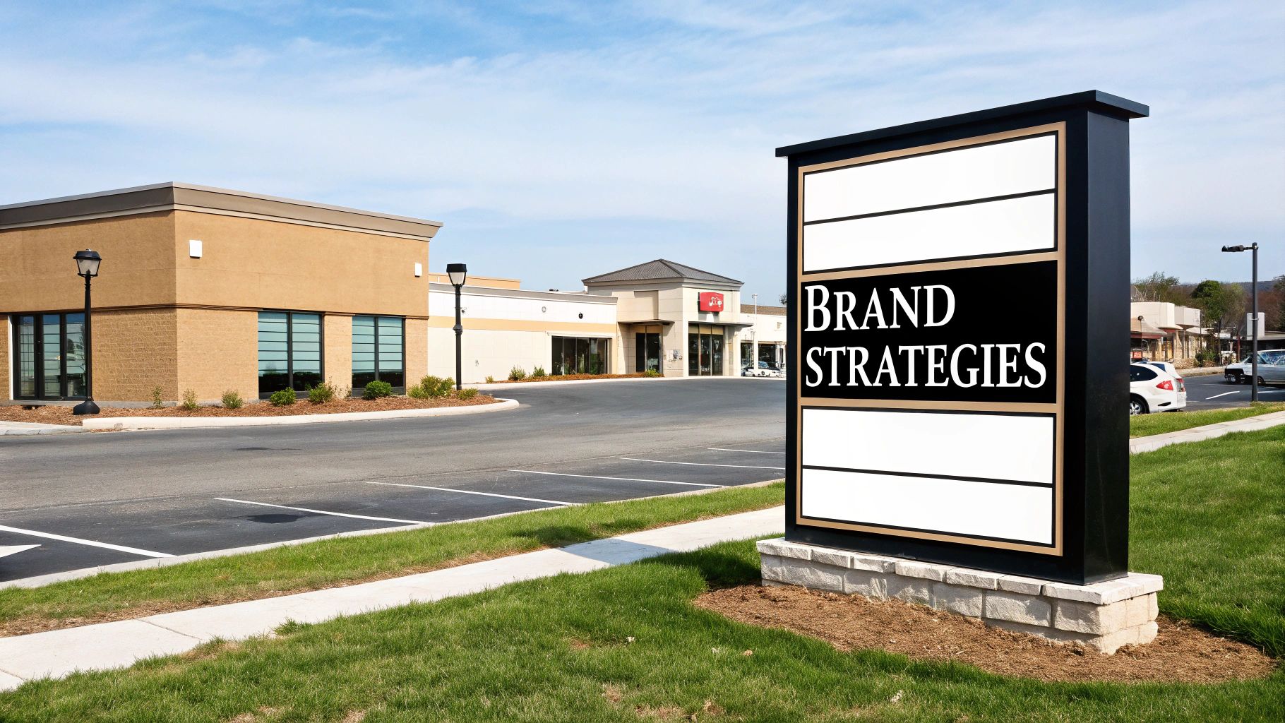A multi-tenant pylon sign standing tall at the entrance of a modern retail center, showcasing various brand logos.