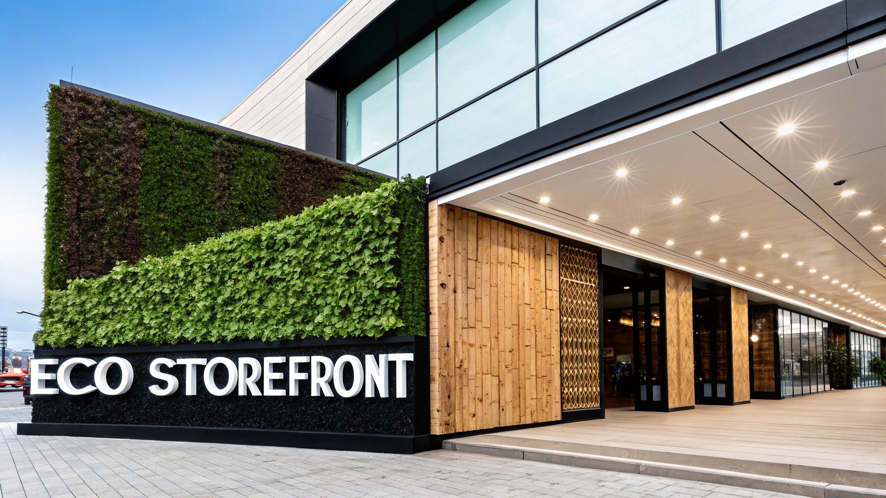 A modern ECO STOREFRONT with a vibrant green living wall and sleek illuminated entrance.
