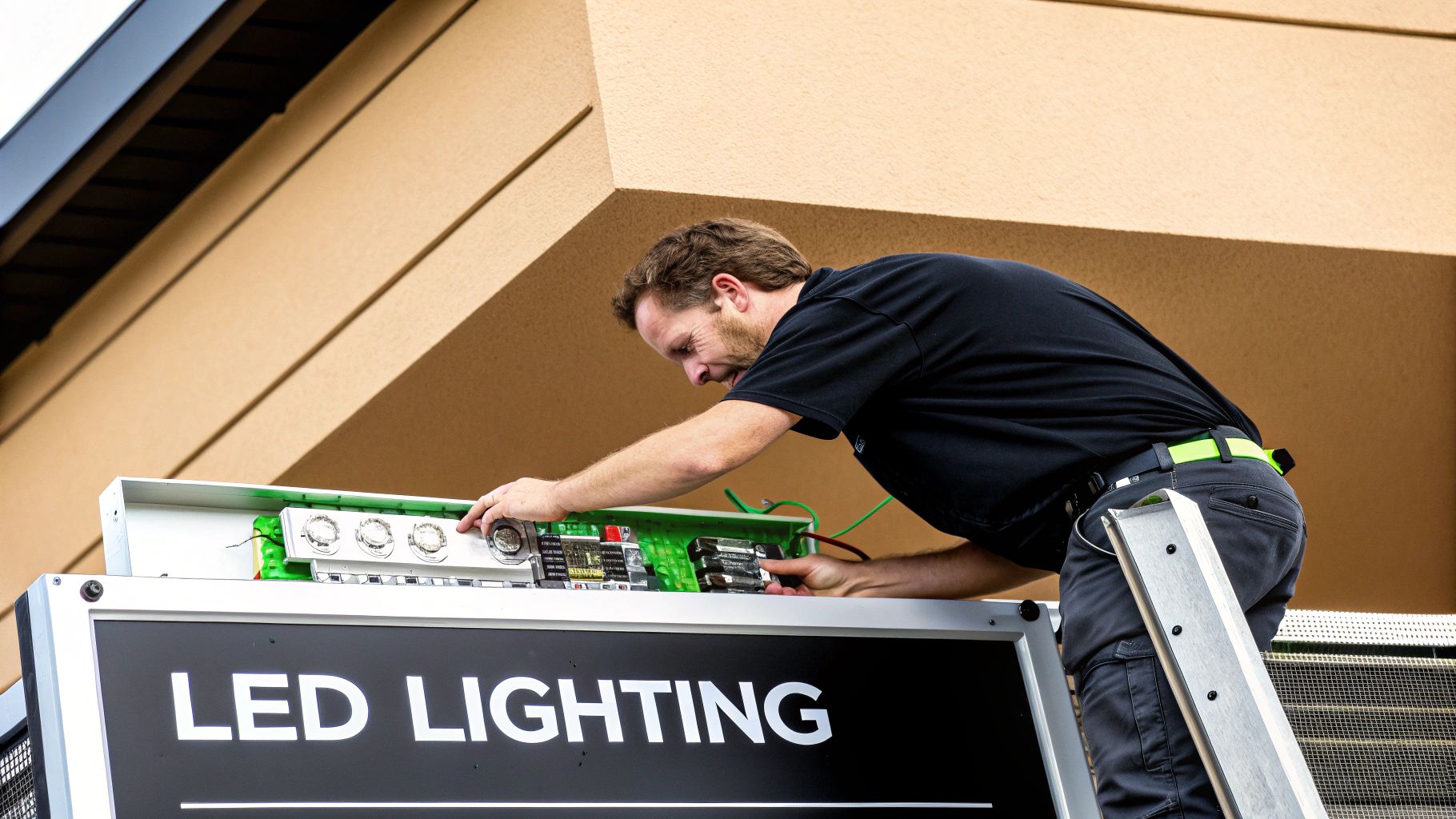A man on a ladder installs LED components inside an outdoor light box sign.