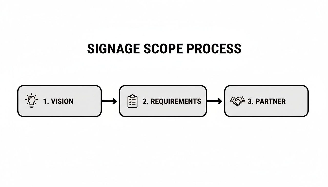 A flowchart illustrating the Signage Scope Process with three steps: Vision, Requirements, and Partner.