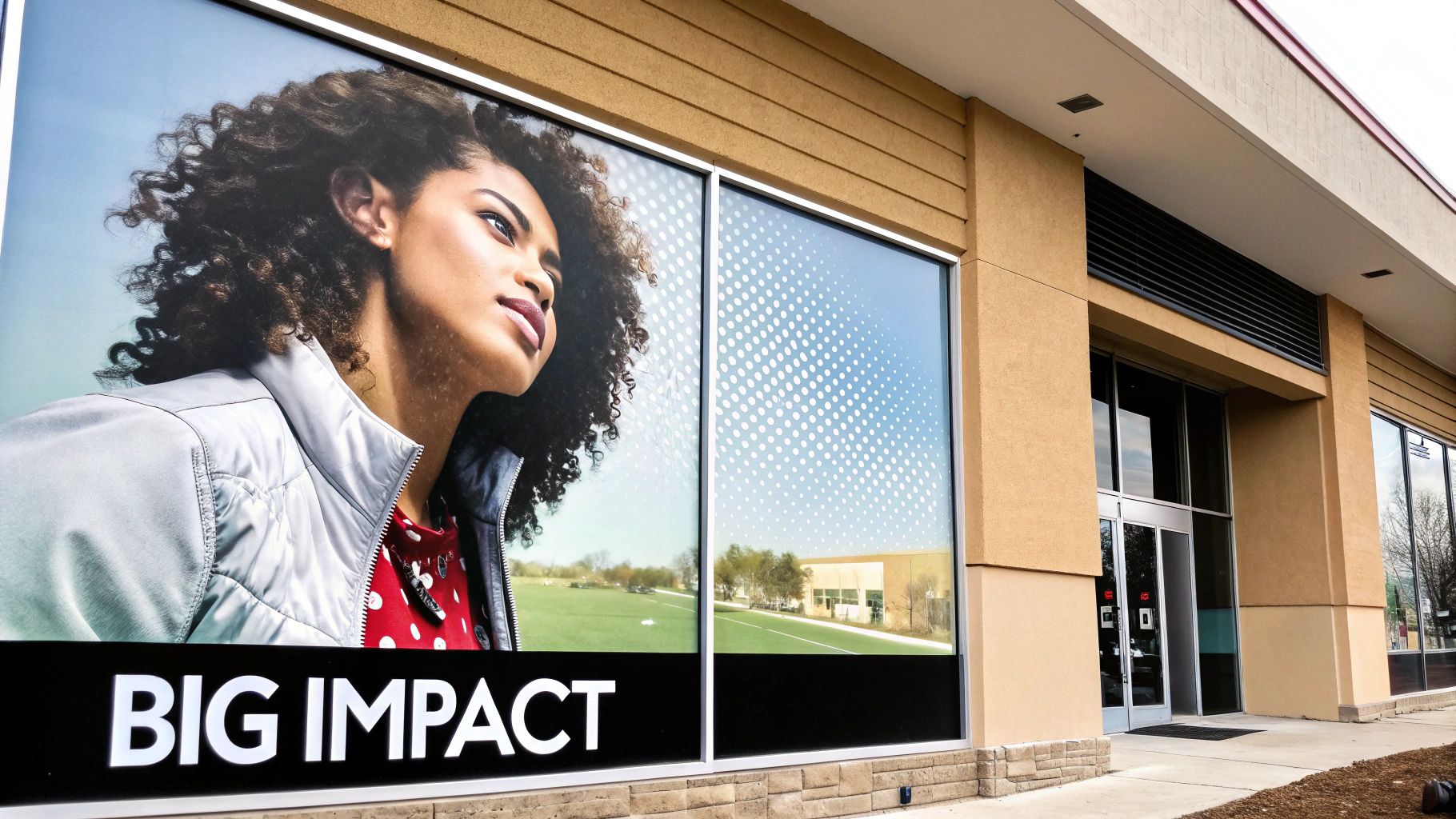 Exterior of a building featuring a large window graphic of a woman, a field, and 'BIG IMPACT' text.