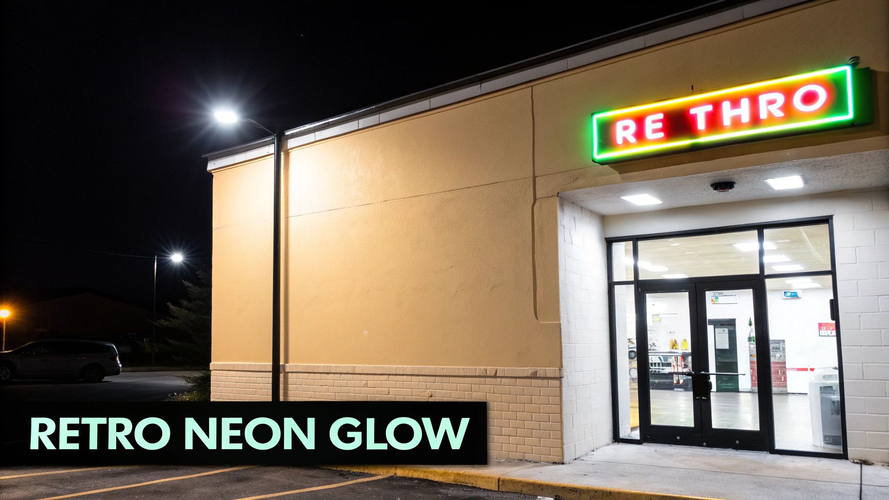 Exterior view of a business at night with a bright red and green neon 'RE THRO' sign above its entrance.