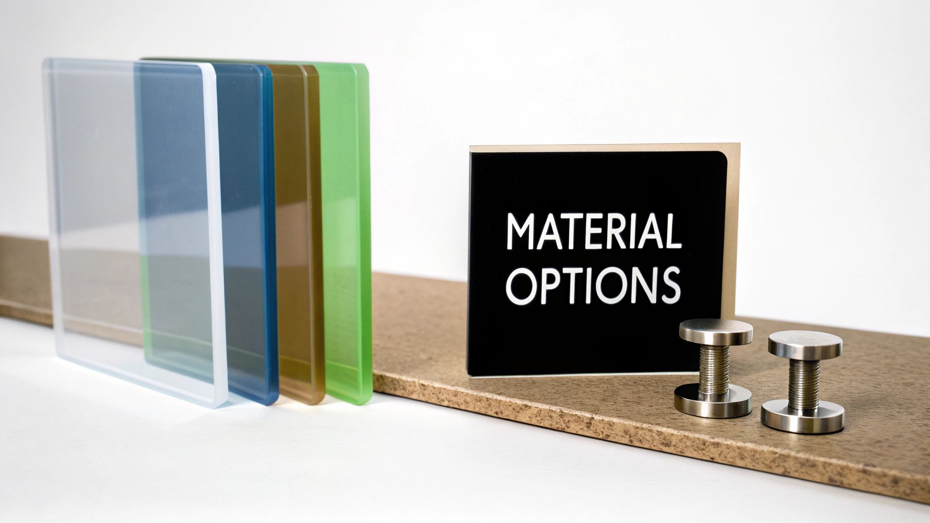 An array of acrylic standoff signs showing clear, frosted, and colored options with different hardware finishes.