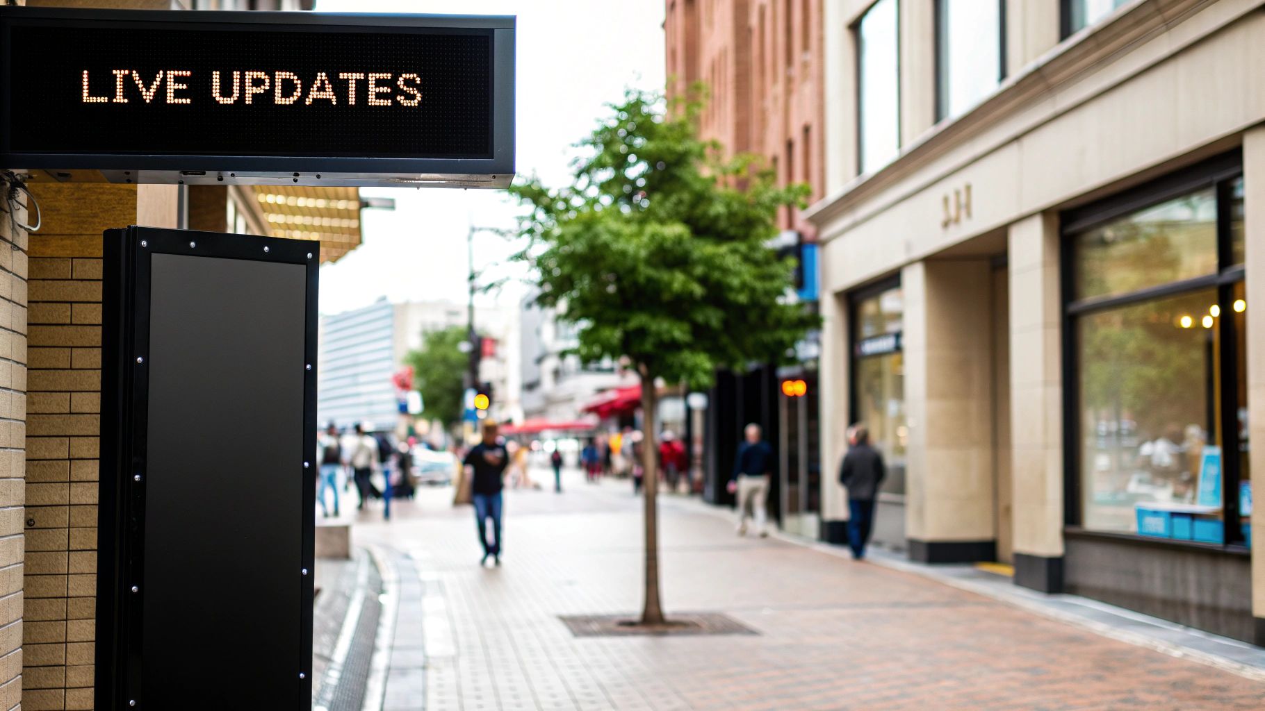 A black digital sign displays 'LIVE UPDATES' above a modern black kiosk on a city street.