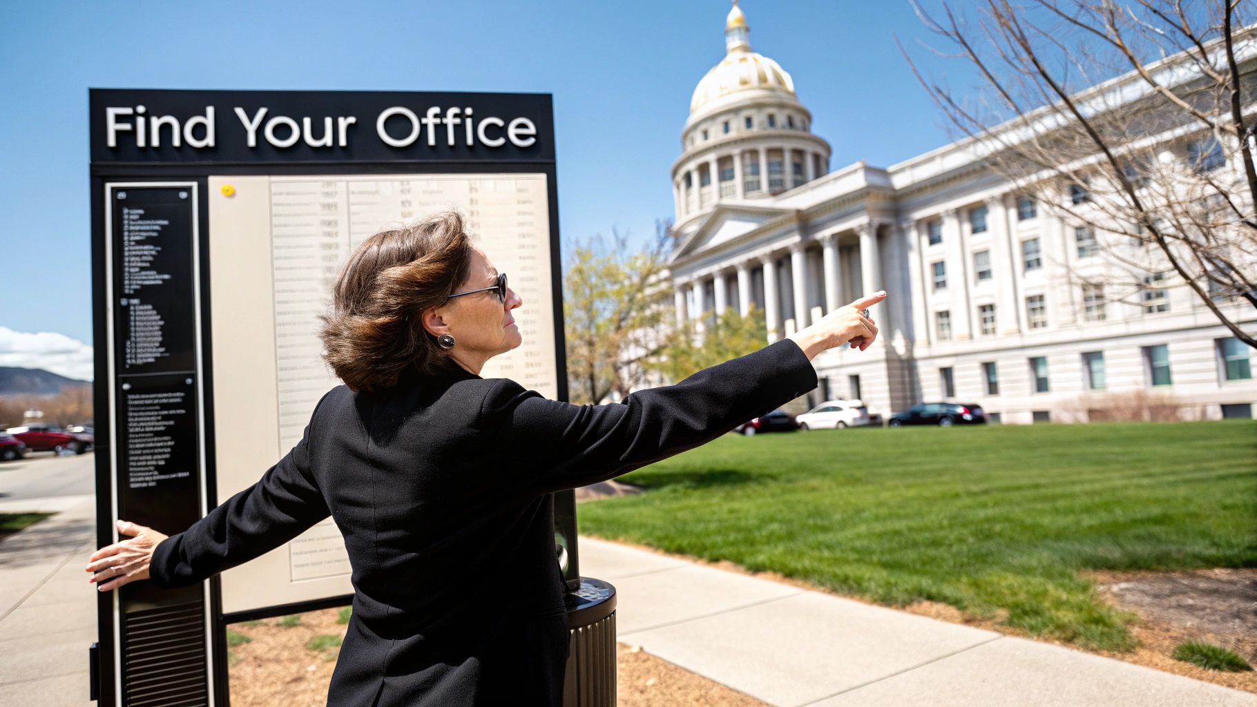 A person pointing at blueprints on a table with a city official in a government office.