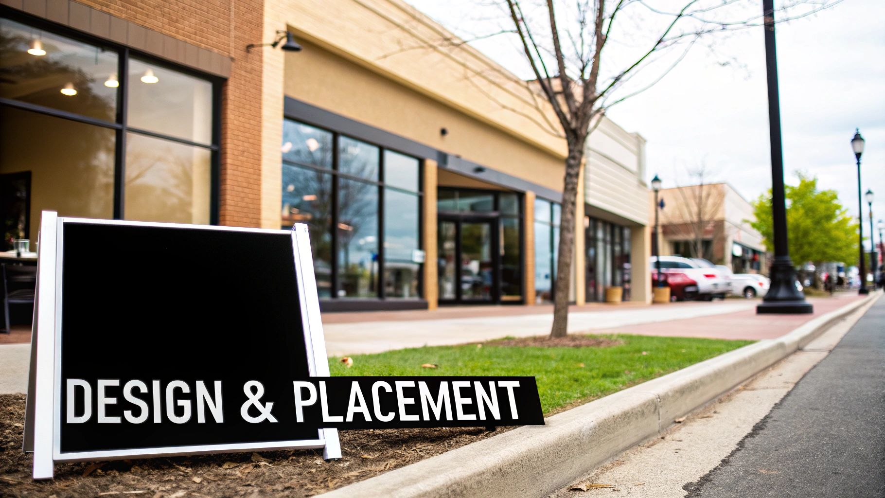 An A-frame sign promoting design and placement services stands outside modern retail stores.