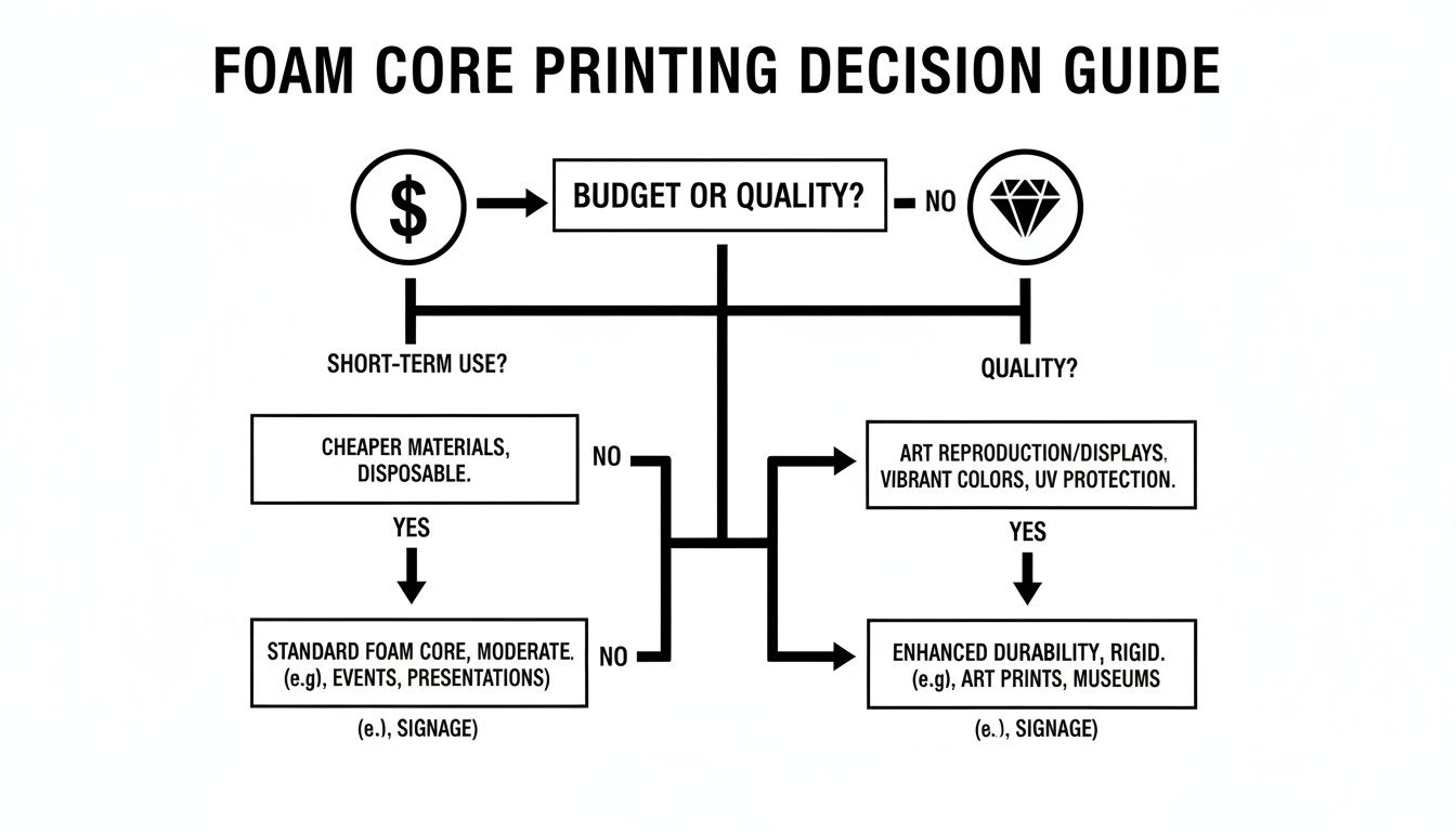 Foam core printing decision guide flowchart showing options for budget, quality, short-term, and durable use.