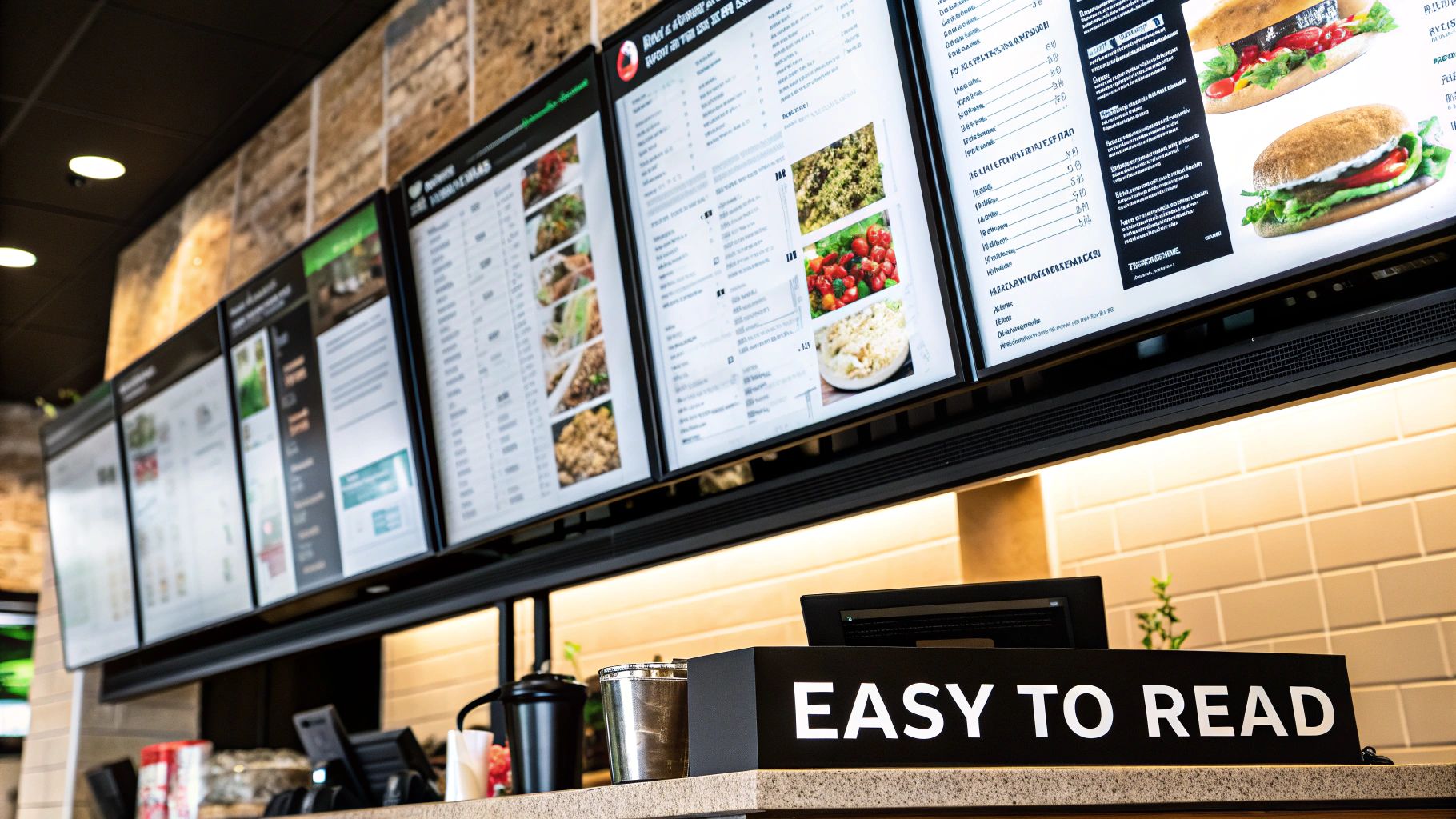 Digital menu boards displaying food items and prices in a modern restaurant setting with an 'Easy to Read' sign.