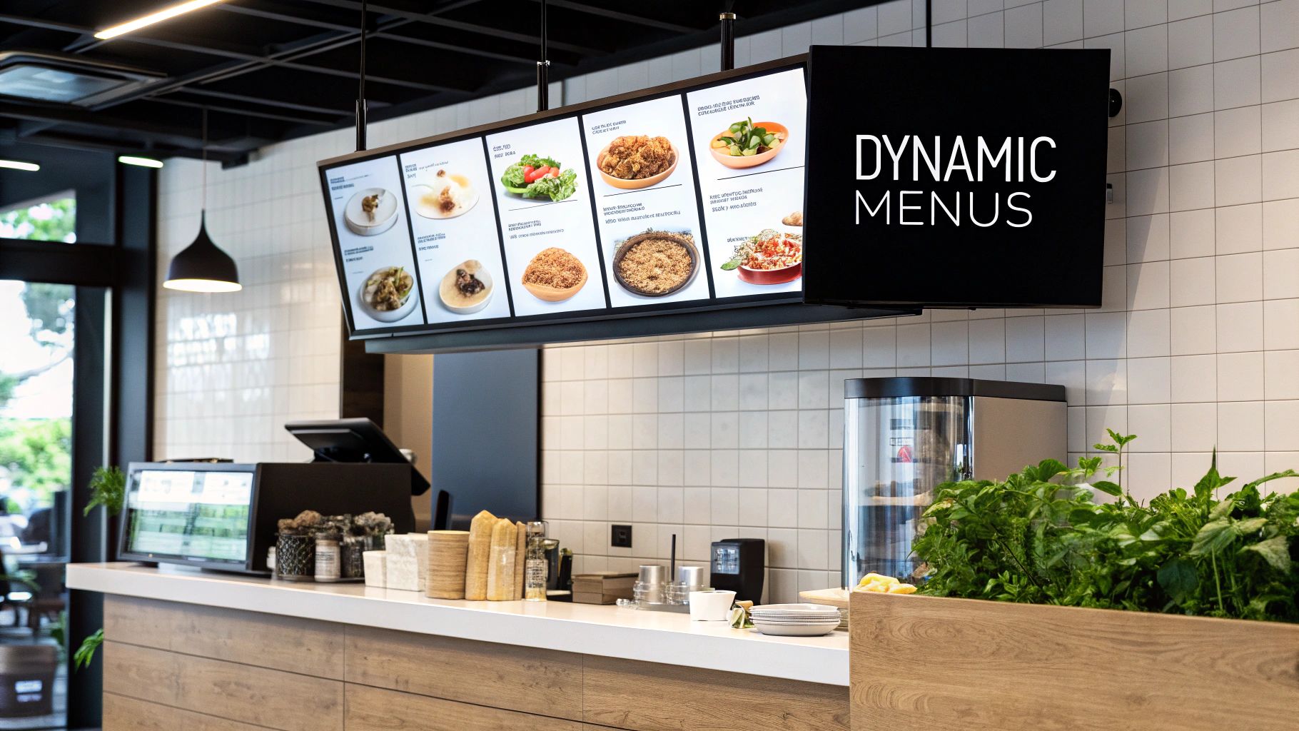 Modern restaurant interior with digital menu displays showing food, above a clean service counter.
