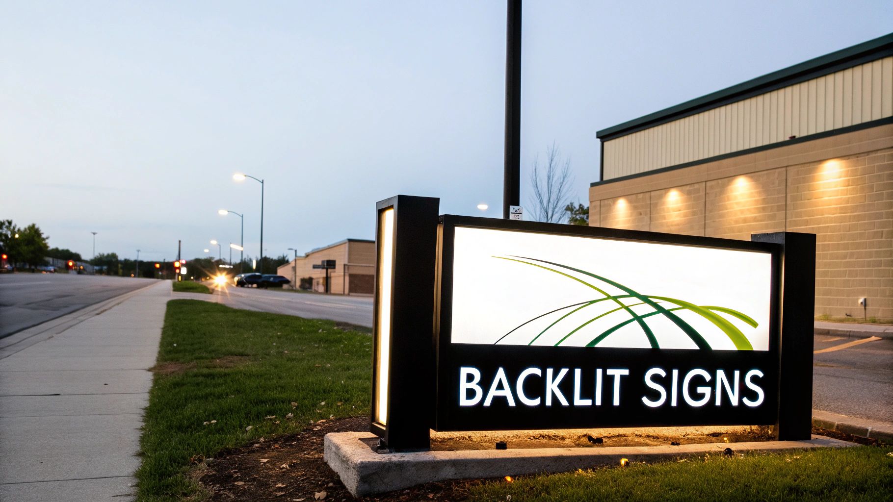 Illuminated backlit monument sign with green curved design and text displayed at dusk outdoors