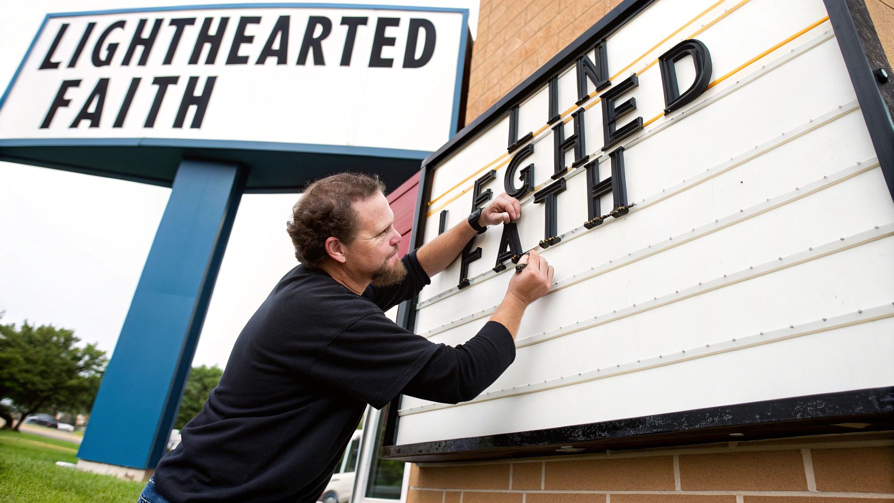 A man carefully places black letters onto a white outdoor church sign with a larger sign behind him.