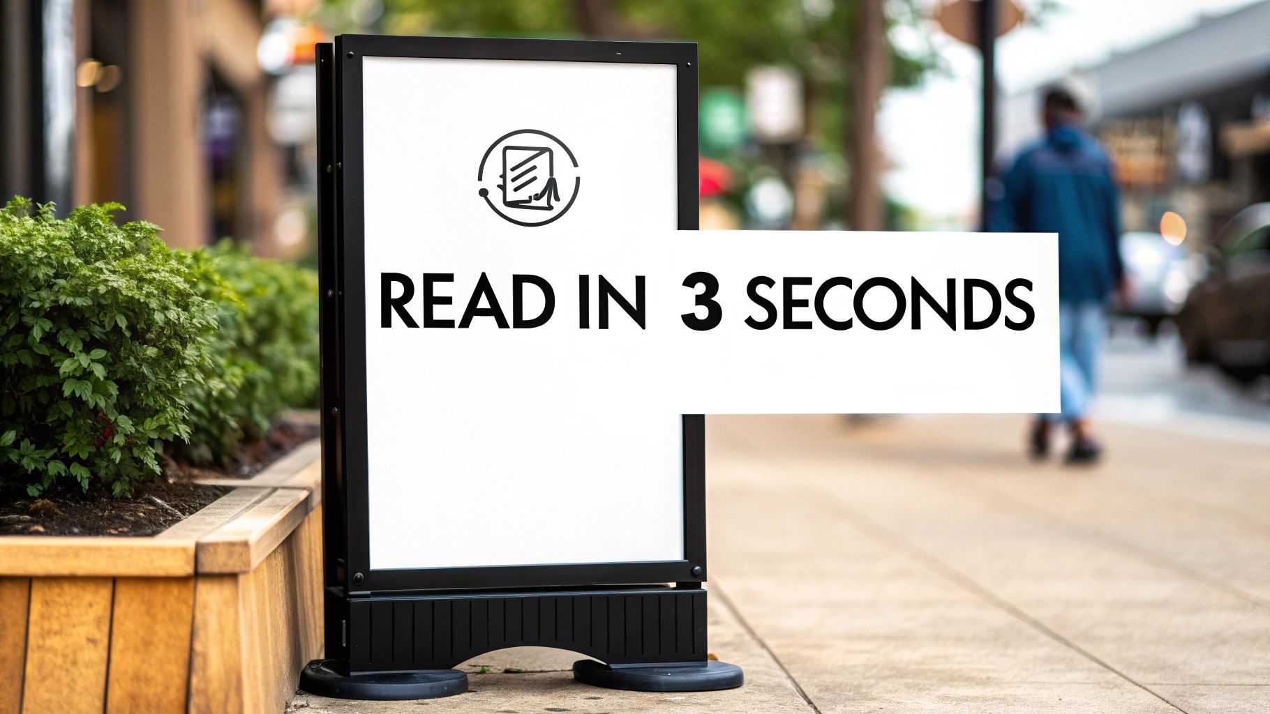 An outdoor A-frame sign on a city sidewalk displaying 'READ IN 3 SECONDS' and an icon.