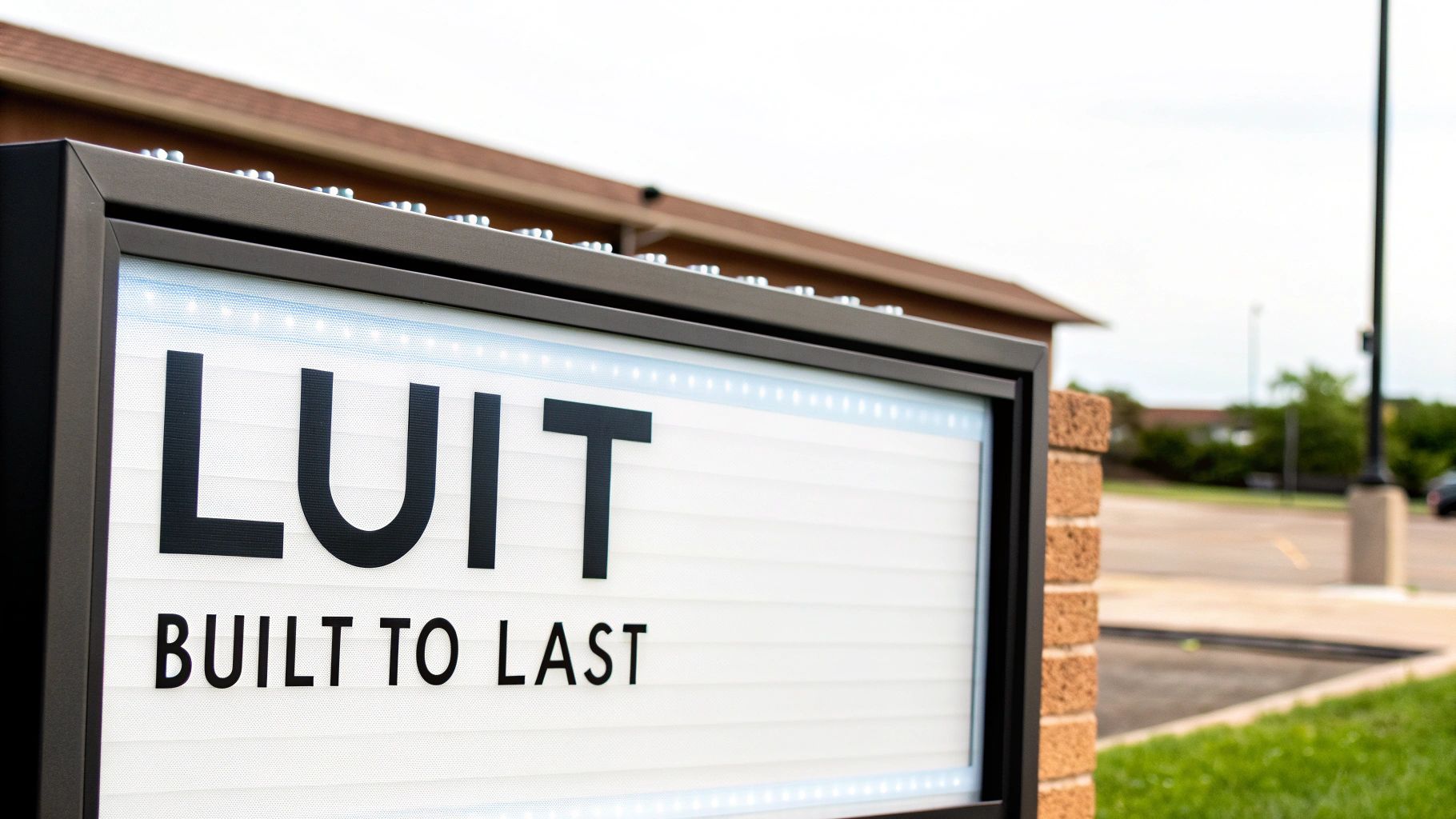 An illuminated outdoor sign displaying 'LUIT' and 'BUILT TO LAST' on a brick pillar.