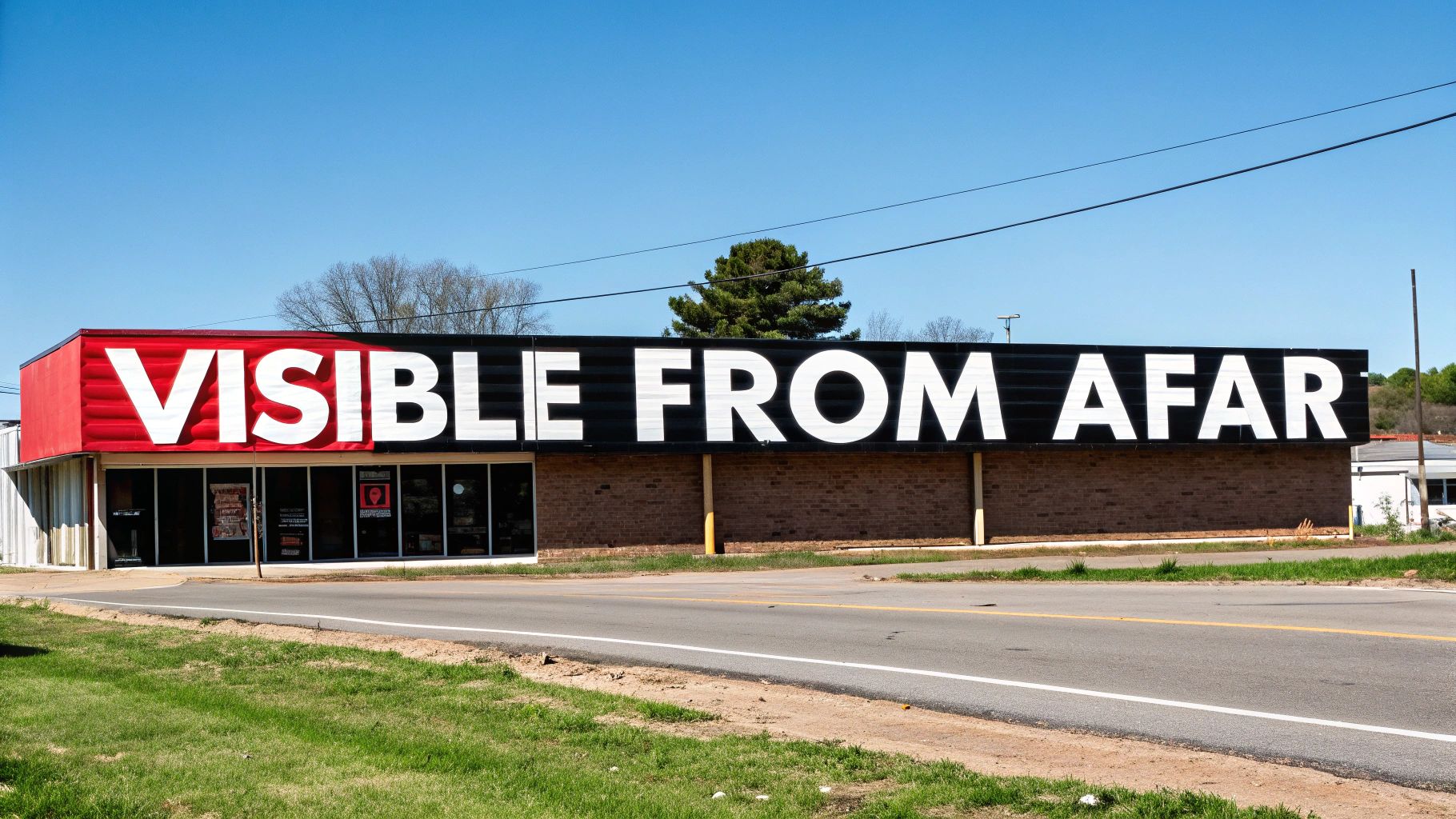 A commercial building with a large red and black sign that reads “VISIBLE FROM AFAR” along a road.