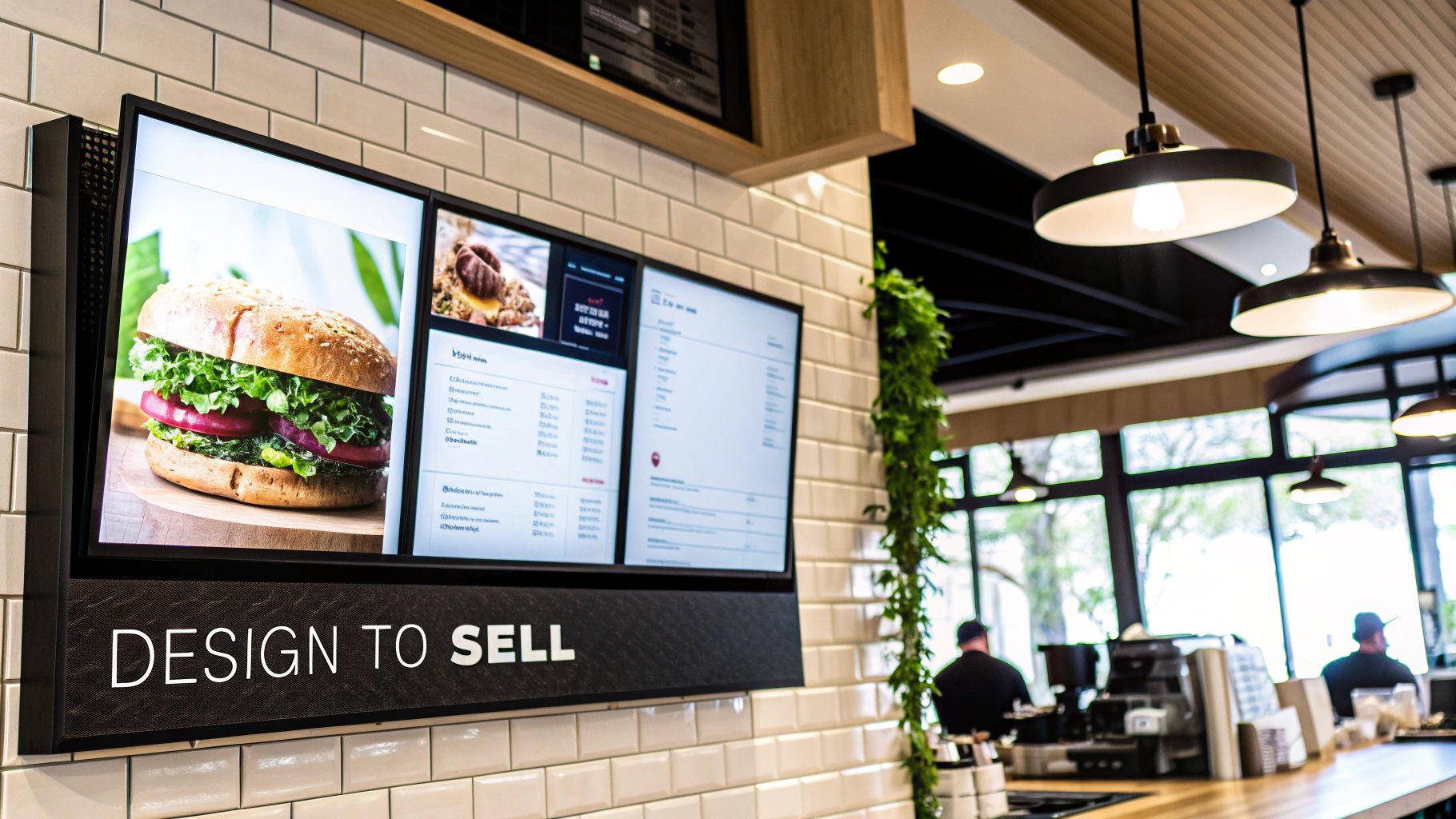 Digital menu board in a modern cafe setting, displaying a burger image and various menu items.