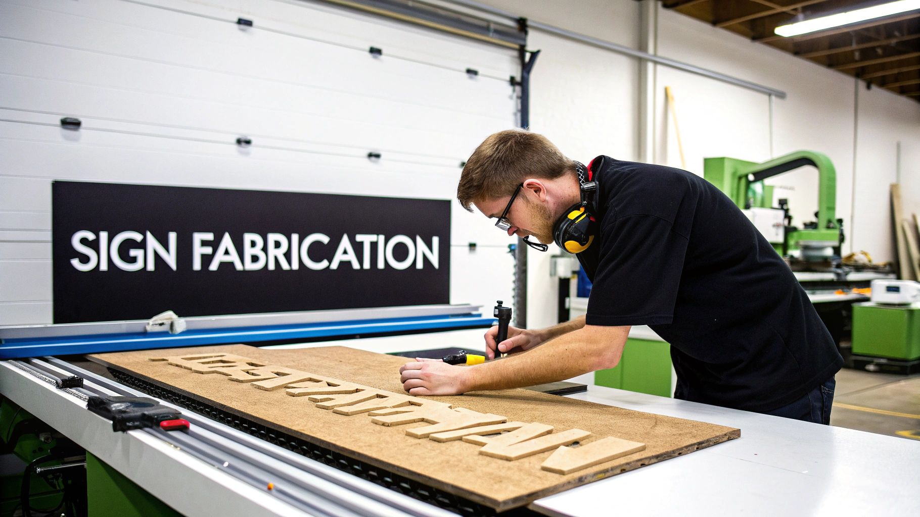 A worker carefully crafting a large 3D letter in a workshop