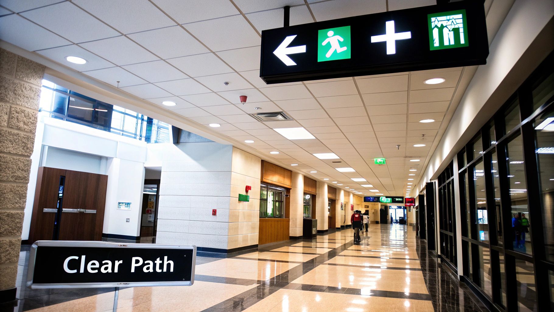 A floor plan showing the correct and incorrect placement of emergency exit signs in an office layout.