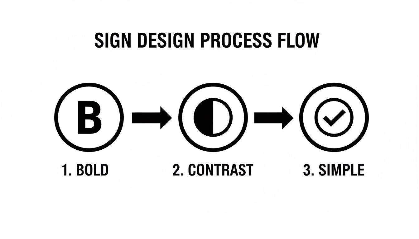 A minimalist diagram illustrating the three steps of a sign design process: Bold, Contrast, Simple.