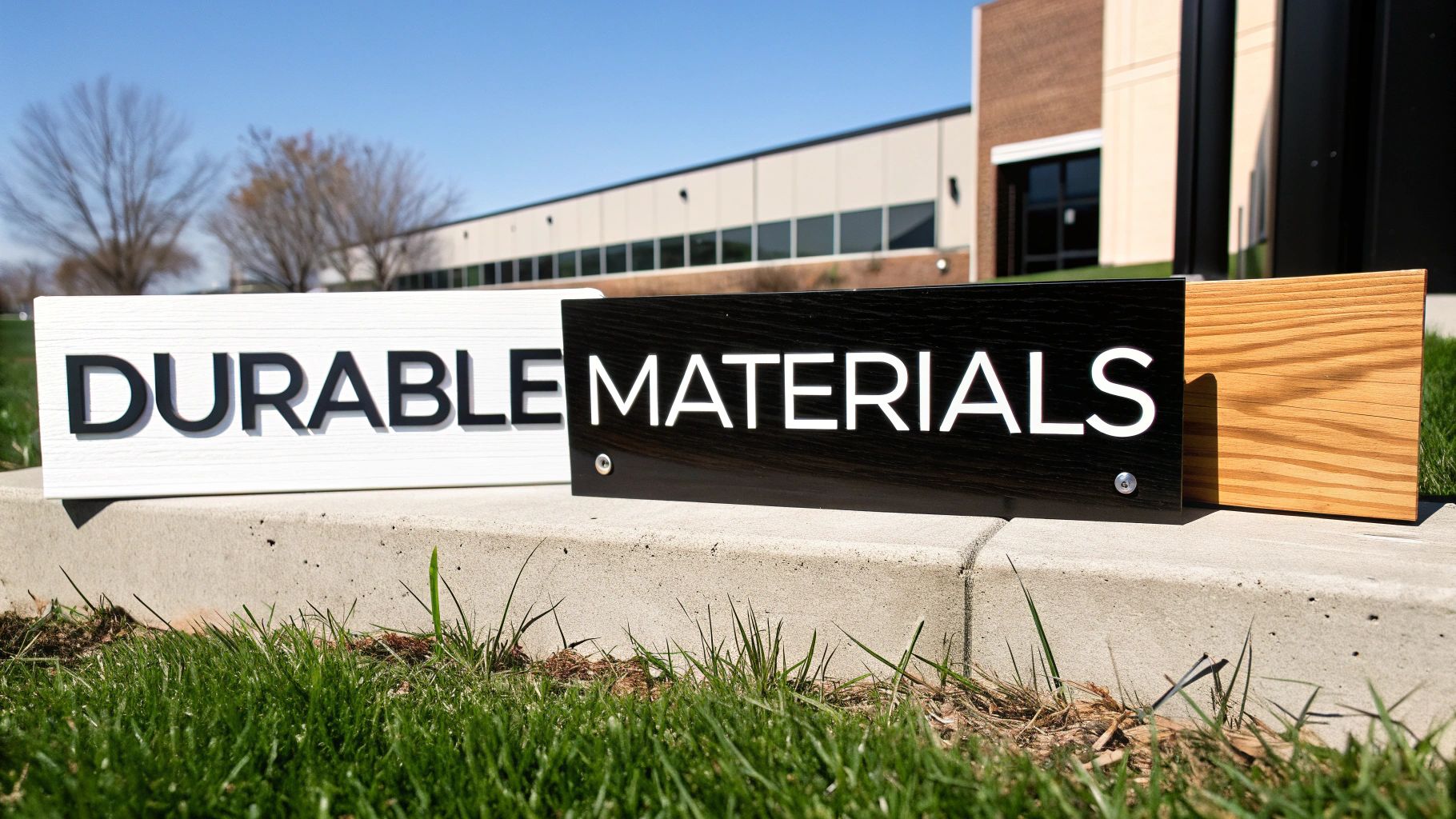 Three display signs spelling 'DURABLE' and 'MATERIALS', with a wood block, on a concrete ledge outdoors.