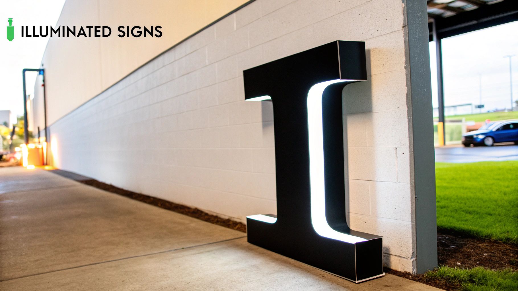 Black illuminated channel letter sign with white LED lighting mounted on modern building exterior