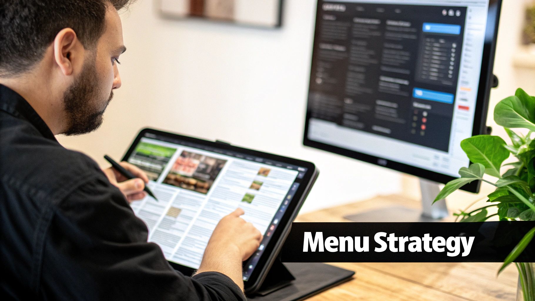 Man working on a tablet with a stylus, looking at a digital menu strategy on screens.