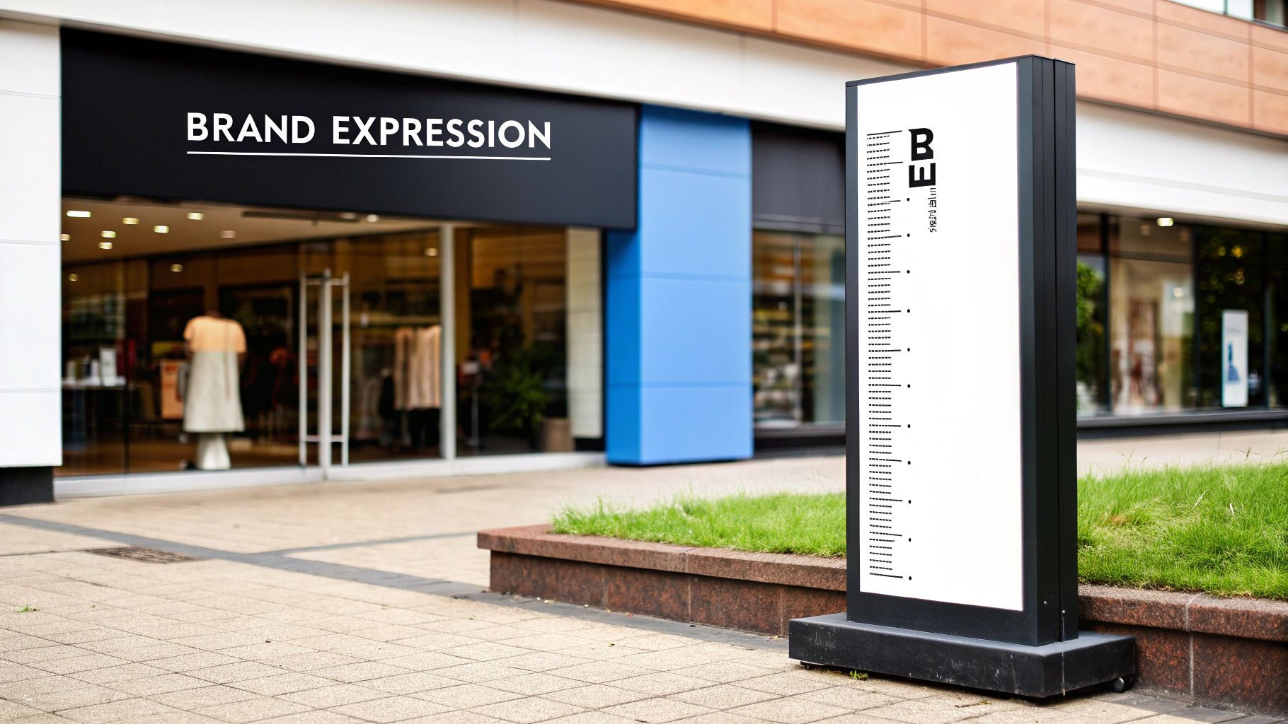 Modern store with 'BRAND EXPRESSION' sign and a white vertical monument sign featuring 'BE' and a ruler design.