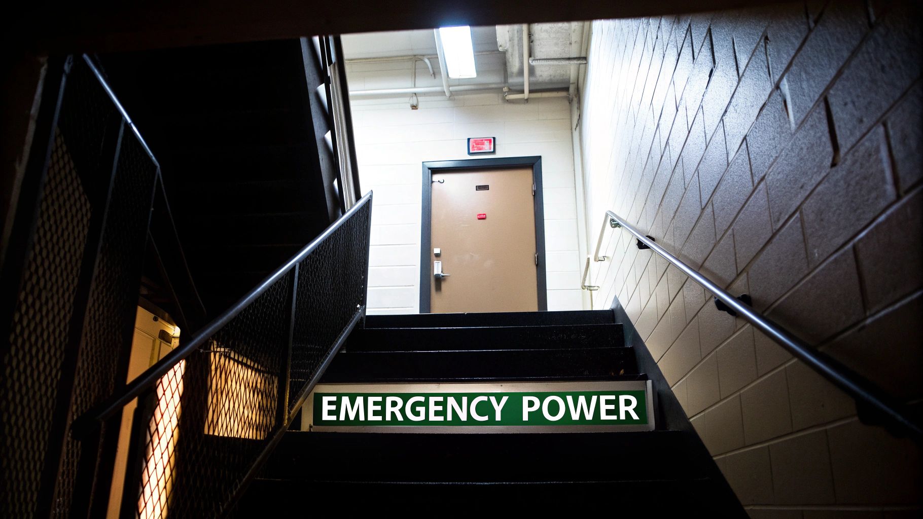 A brightly lit green emergency exit sign hanging from a ceiling in a modern building.