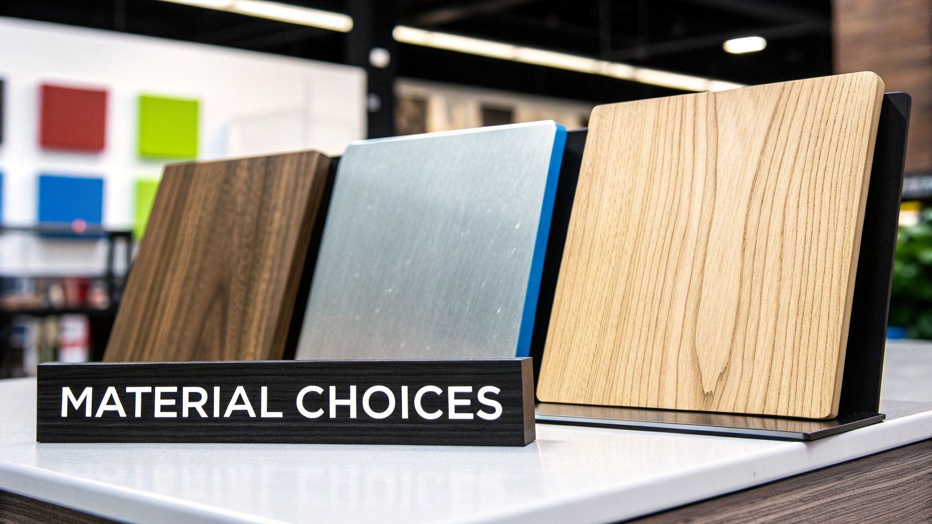 Three material samples, including wood and metal, displayed with a 'MATERIAL CHOICES' sign.