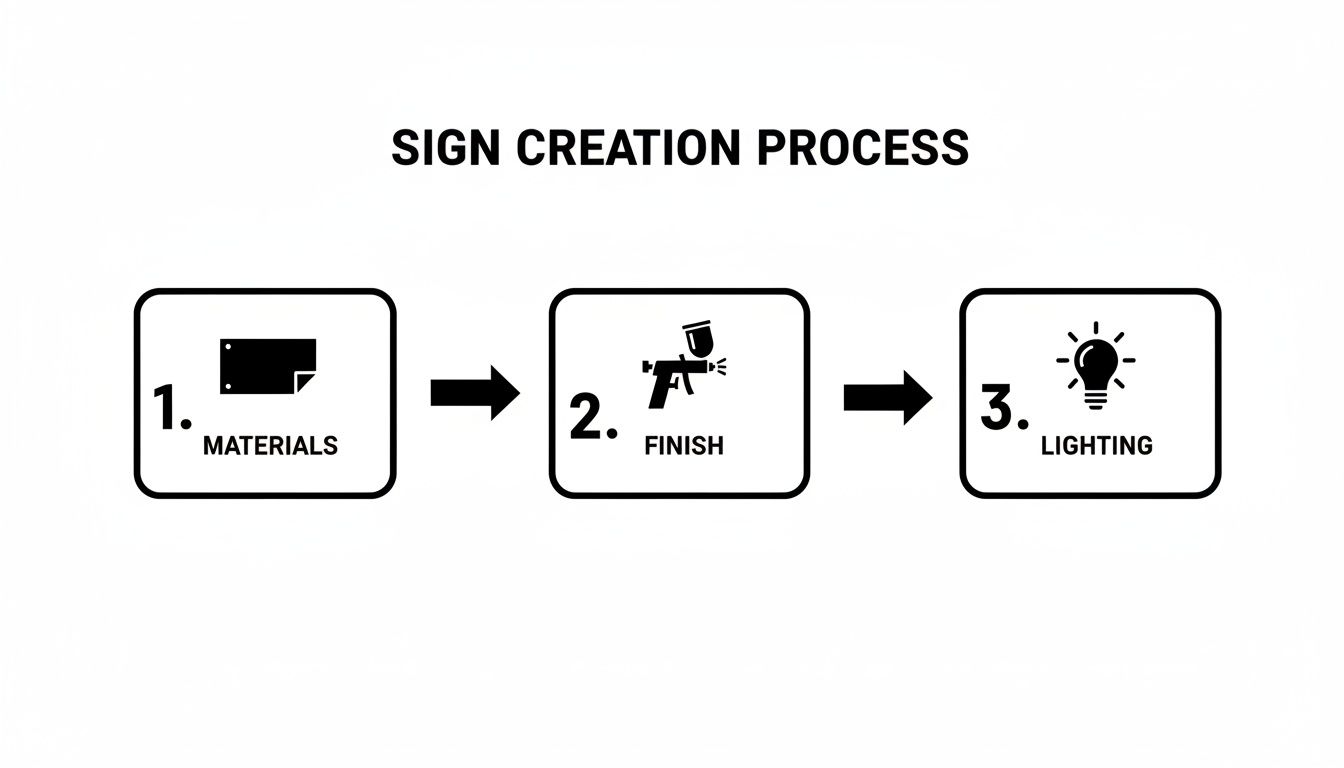 Flowchart illustrating the sign creation process with three steps: materials, finish, and lighting.