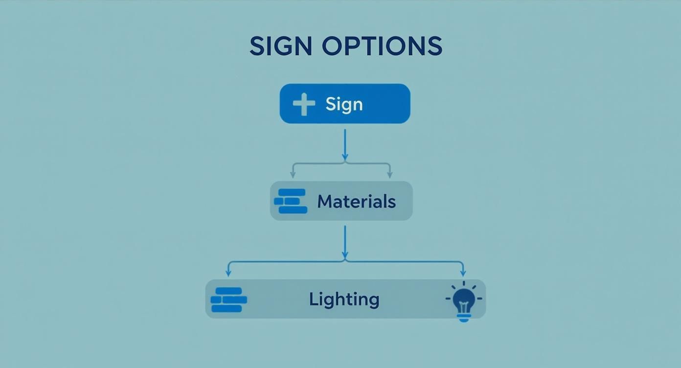 A flowchart diagram illustrating sign customization options including materials and lighting choices.